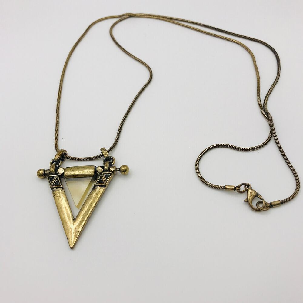 Vintage Geometric Triangle Pendant Necklace Gold Tone Cream Statement